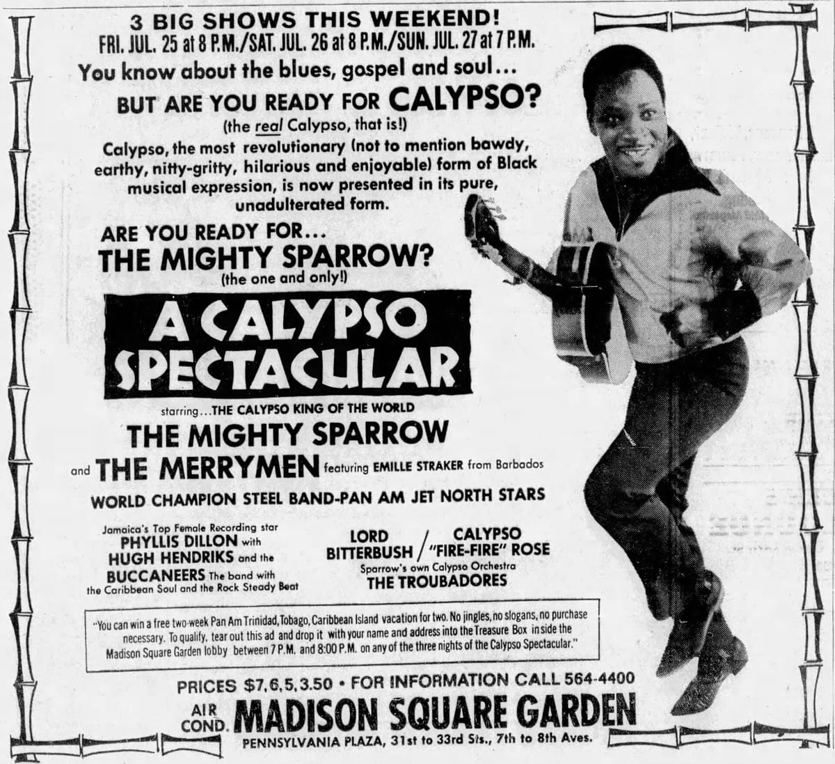 A 1969 newspaper ad for the Mighty Sparrow at Madison Square Garden